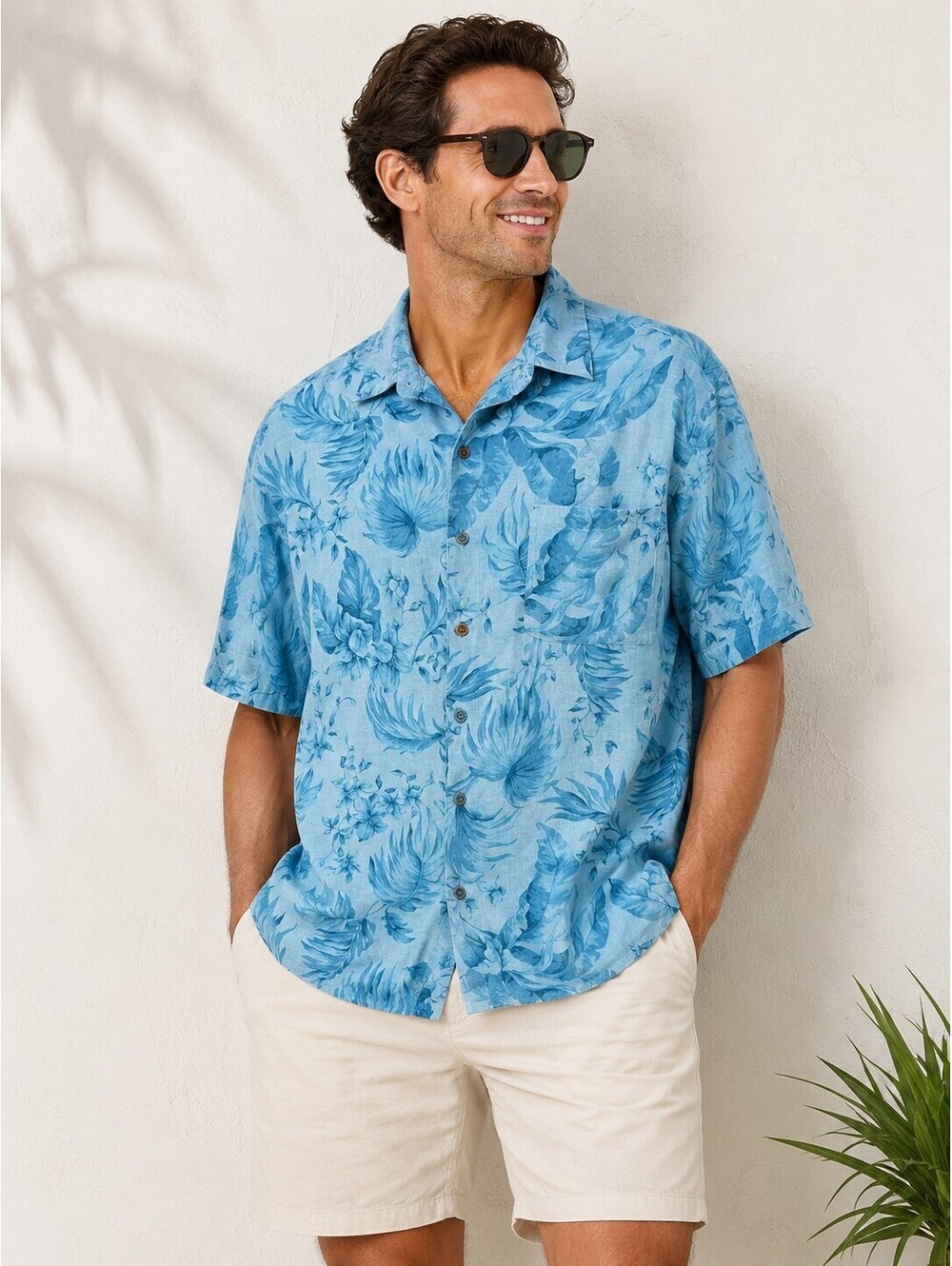 Caribbean Joe Men’s XL 100% Linen Blue Tropical Hawaiian Shirt Aloha Tiki Beach